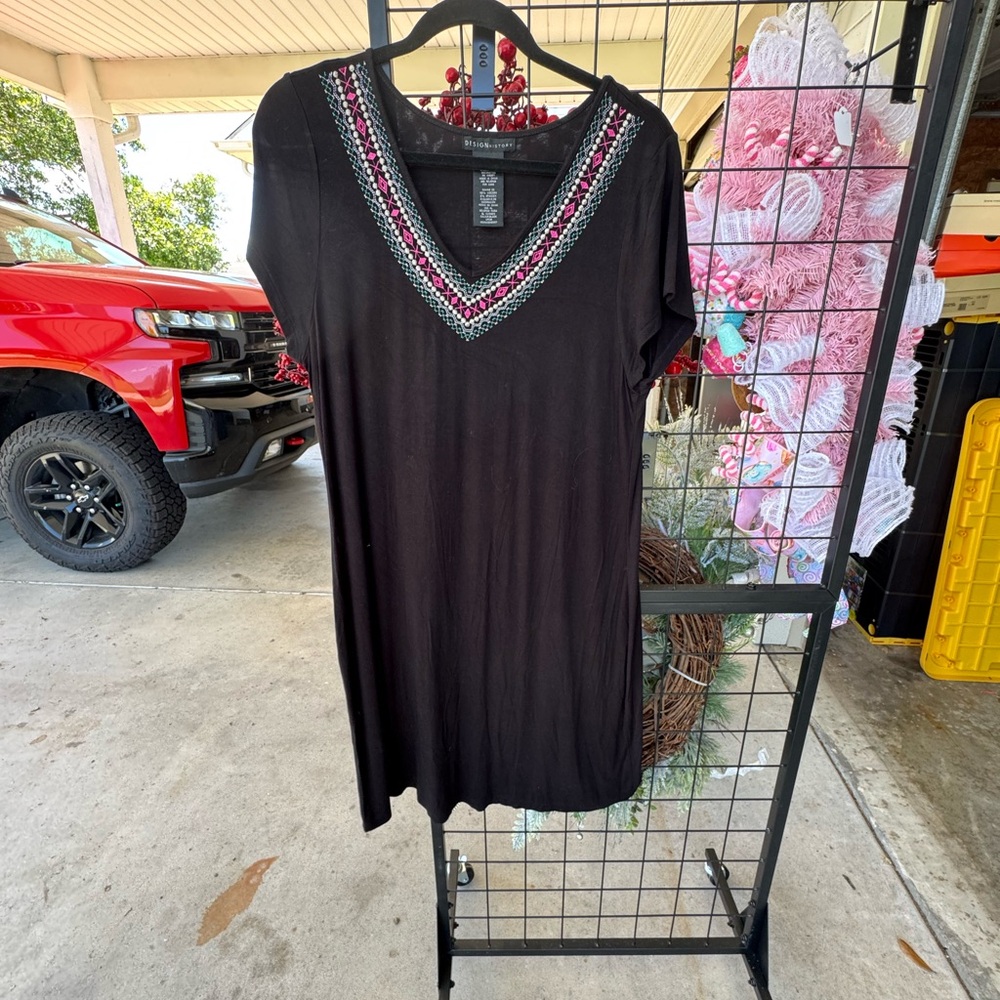 Black V-Neck Top with Pink and Blue Embroidery